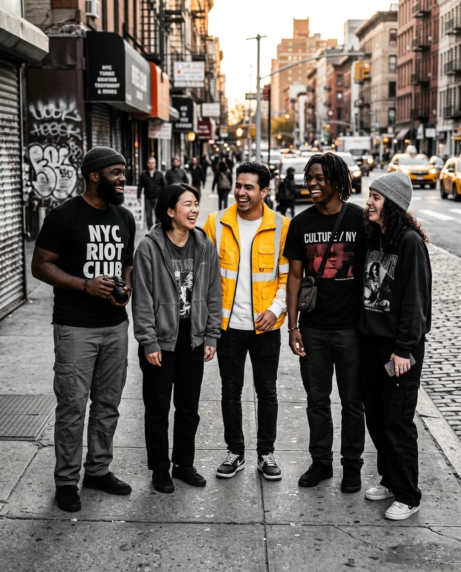 C.A.M.P. community wearing streetwear together on a New York City street